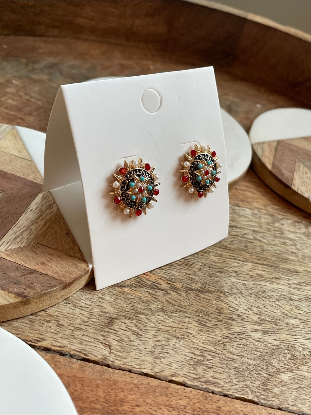 Elegant Gold-Tone Red & Turquoise Floral Stud Earrings